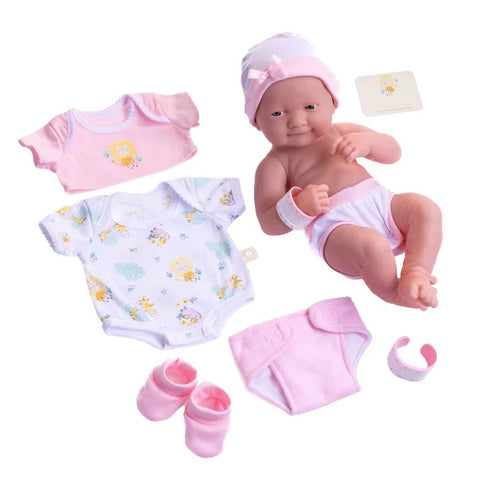 La Newborn Nursery 8 piece Layette Pink Baby Doll Gift Set 14 inch Lifelike Smiling Doll 18543 A & B