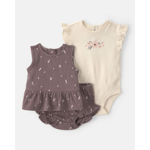 Baby Girl 3-Piece Floral Top, Bodysuit & Short Set - Brown/Ivory 1U584610