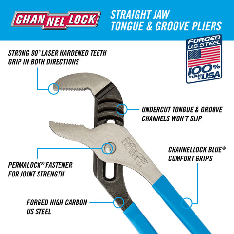 Channellock 12 Inch Carbon Steel Straight Jaw Tongue and Groove Pliers 440 21691