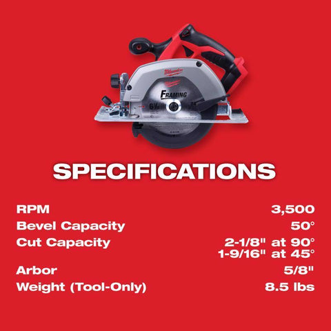 Specifications of Milwaukee M18 cordless 6.5-inch circular saw
