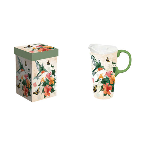 Cypress Home Hummingbird Nectar 17 oz ceramic travel mug with gift box
