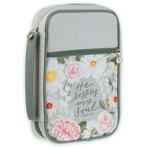He Restores My Soul Gray Faux Leather Fashion Bible Cover BBL876