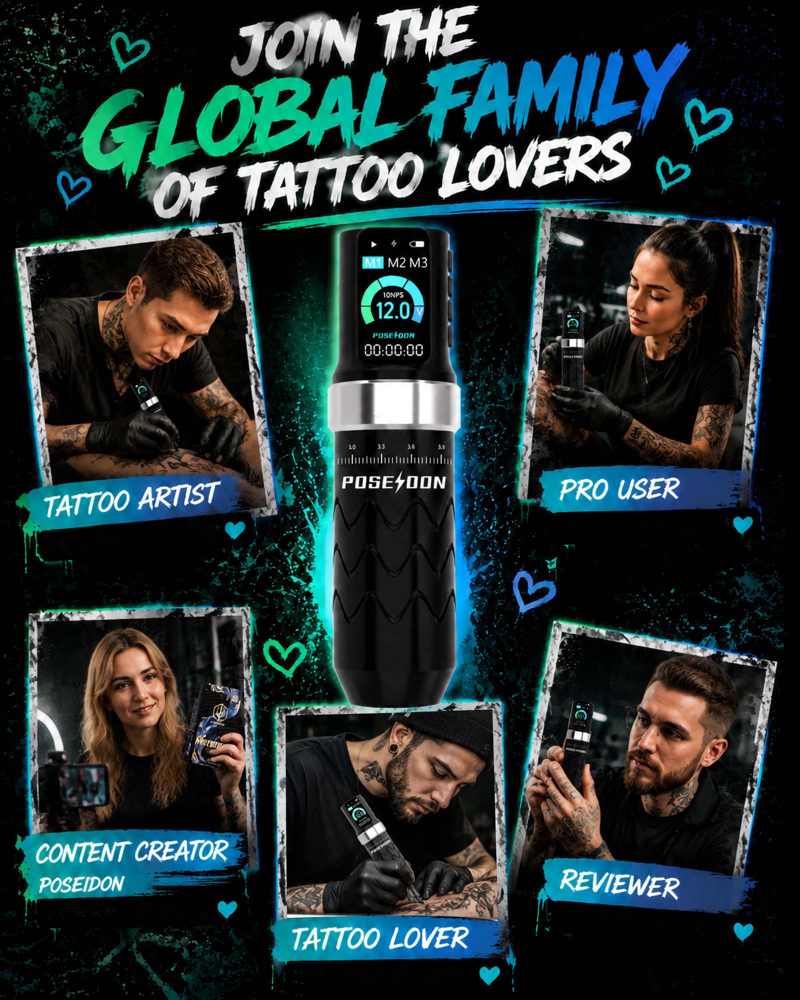 Wireless Tattoo Pen Kit by Poseidon - 2pcs Batteries 7 Strokes PTK206-US