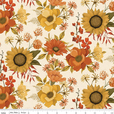 cream, Bountiful Collection Large Floral Cotton Fabric C17860