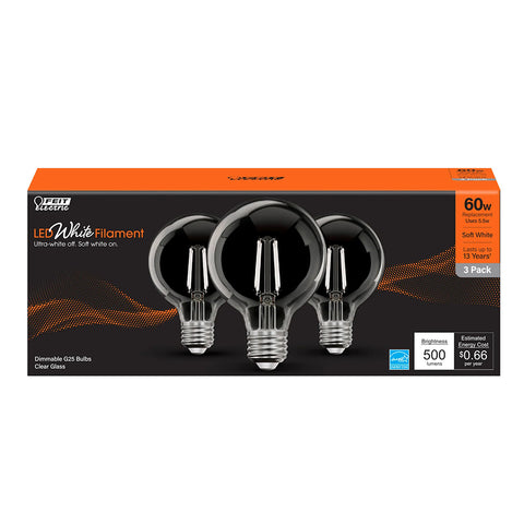 3-Pack 60W LED White Filament Globe Light Bulbs G2560927CAWFIL3