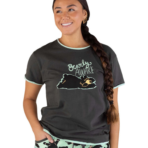 Woman wearing Lazy One Bearly Awake women's pajama tee shirt