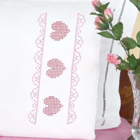 Cross Stitch Hearts & Lace Perle Edge Pillowcases 1600-544