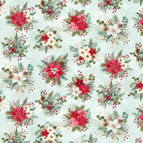 blue, Sweet Christmas Memories Collection Holiday Flower Toss Cotton Fabric 3625