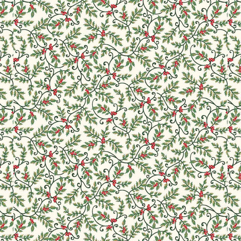 cream, Sweet Christmas Memories Collection Mini Holly Vines Cotton Fabric 3620