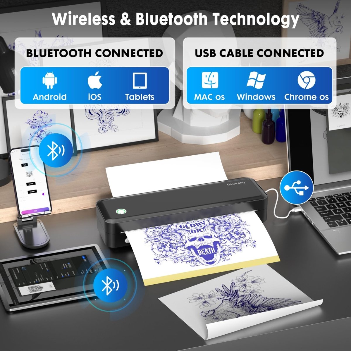 Gloryang Wireless Tattoo Stencil Printer Includes 40 Stencil Papers (Black) - Tattoo Unleashed