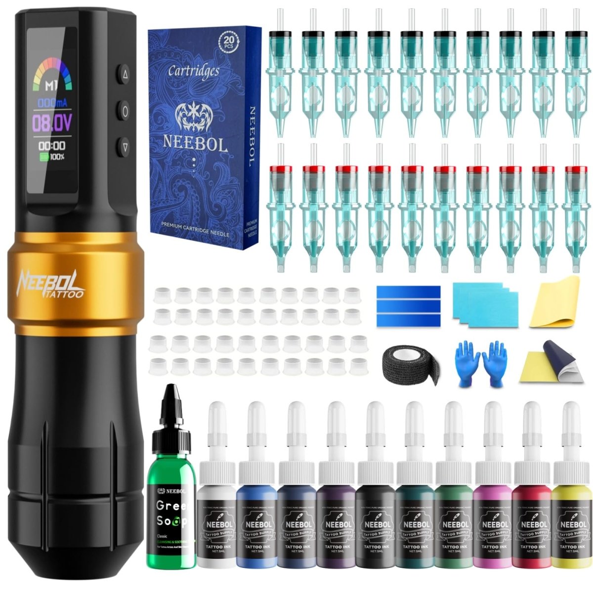 Neebol Wireless Tattoo Pen Machine Kit - Golden - Tattoo Unleashed