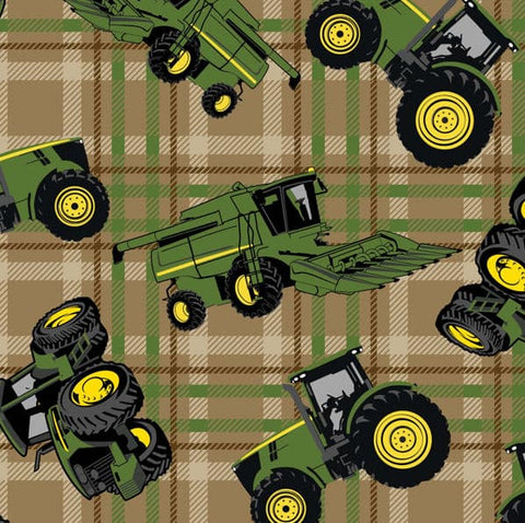tan tractors on plaid john deere fabric