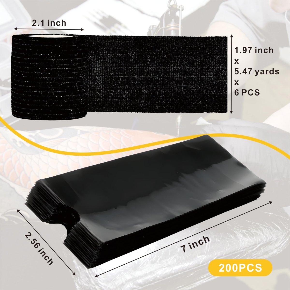 Tattoo Pen Covers with 6 Rolls Grip Tape Set - Waterproof Machine Wrap Sleeves - Large (200pcs) - Tattoo Unleashed