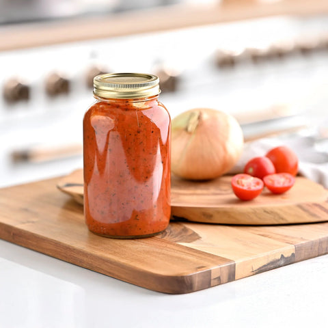 Jar of canned tomato sauce on countertop