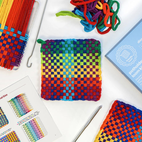 Potholders made with Friendly Loom potholder loom kit